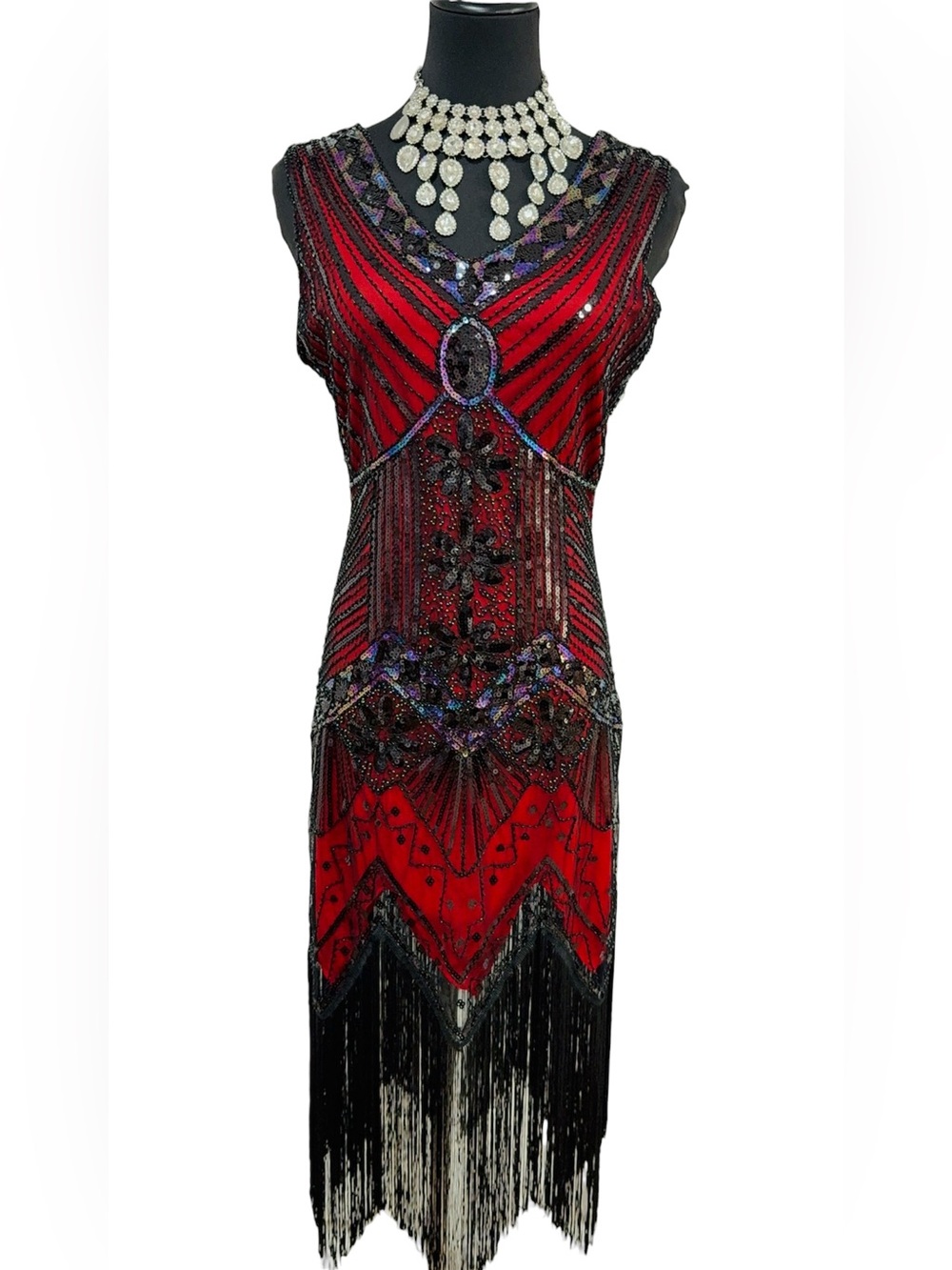 Red Beaded Fringe Midi Dress - Elegant Evening Wear